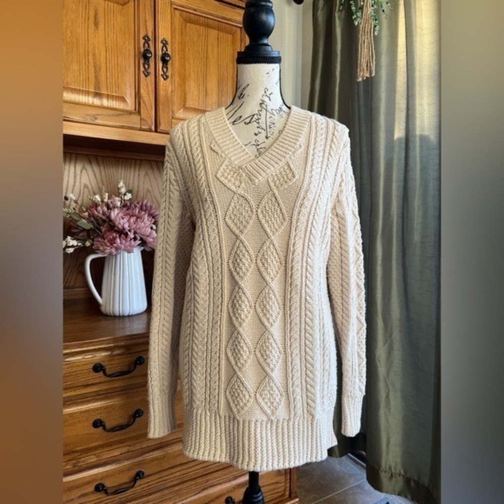 LL Bean Signature Women's Cream Chunky Knit Cotton Fisherman Sweater XS